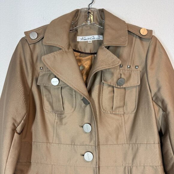 Vintage Kenneth Cole Military Trench Coat Jacket Y2K Medium Tan Retro Cargo - Picture 4 of 12